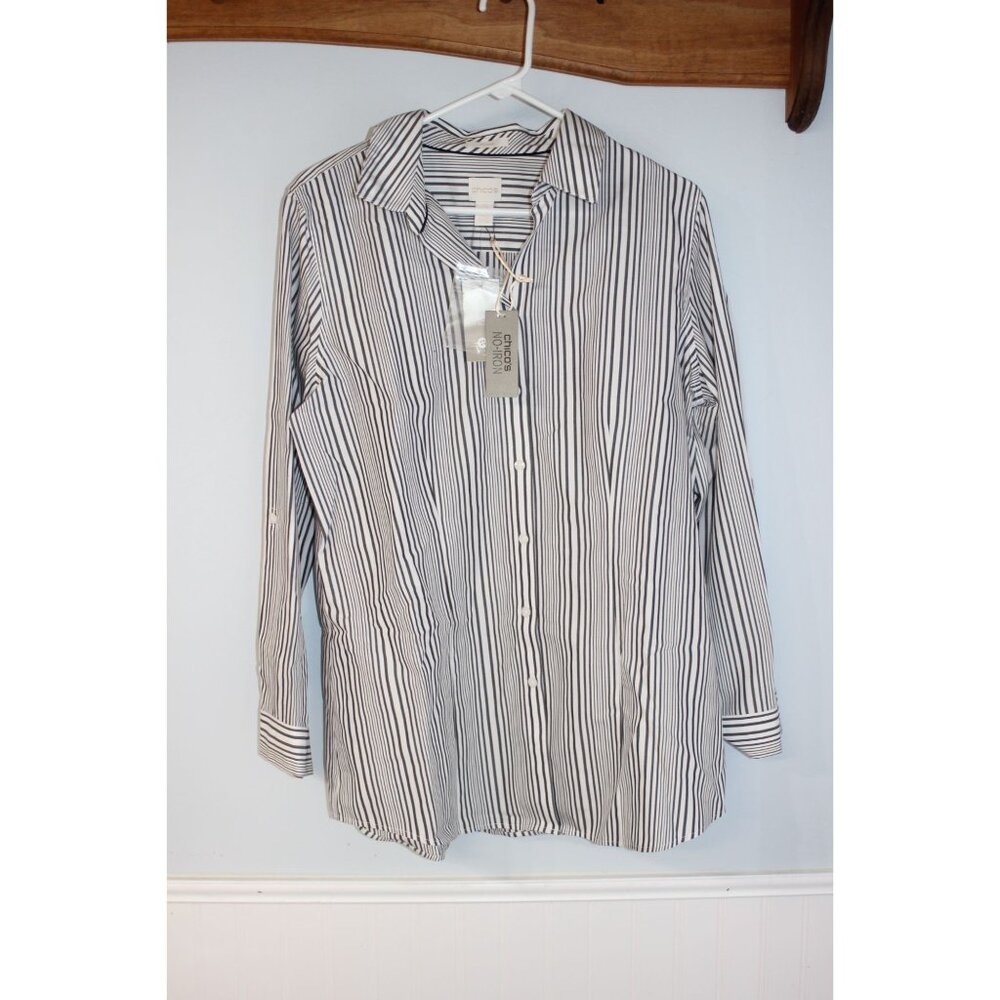 Chicos Effortless Striped Button-Up Shirt Black/White Size 2 NWT casual